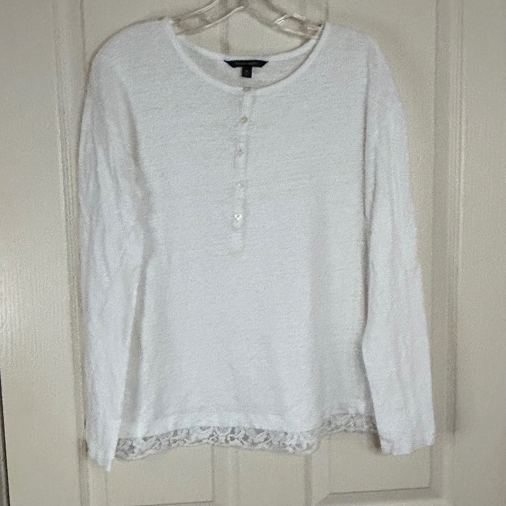 Banana Republic White Linen Blend‎ Long Sleeve Henley Lace Trim Top